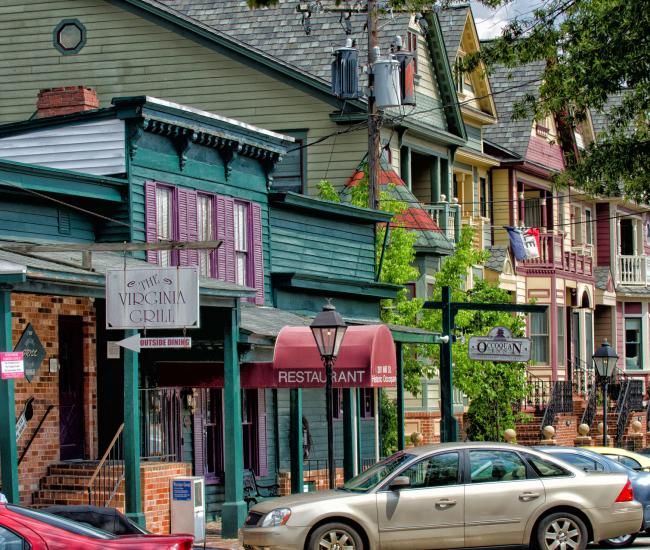 brightly colored buildings in historic Occoquan