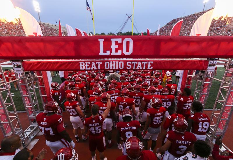 The IU Football team getting ready to run onto the field for a game