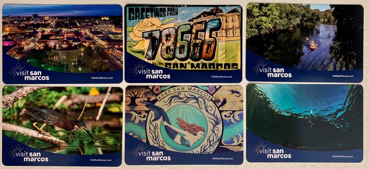 A collection of postcards offered at the San Marcos Tourist Information Center in San Marcos, Texas