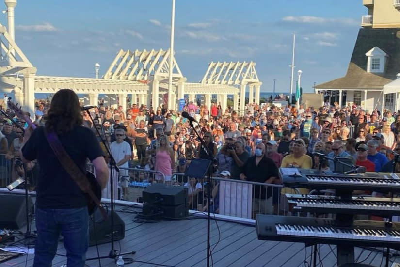 outdoor concert featuring the back of a guitarist
