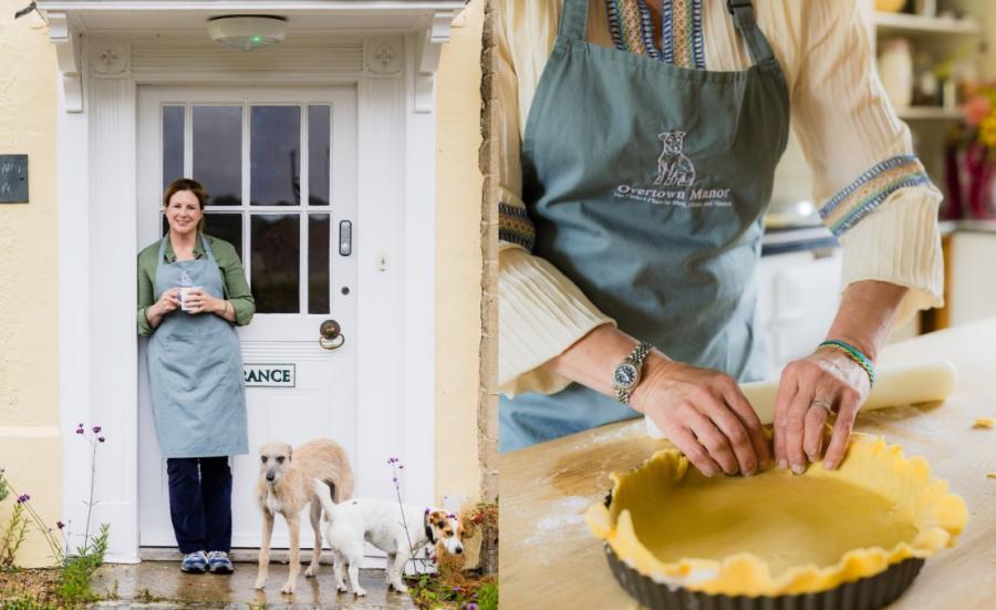 In the left-hand image a chef and her dog pose outside their business premises and in the right-hand image the chef makes a pastry case