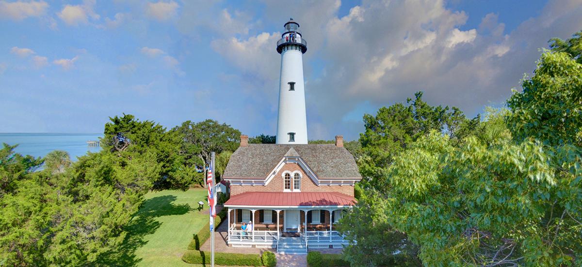 The St. Simons Island Lighthouse stands tall above the island's beautiful trees and waterways.