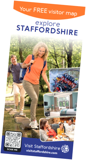 The cover of the 2025 Staffordshire Visitor Map, featuring a couple crossing a stream via some stepping stones as the main image, and some smaller images of a rollercoaster, hotel bedroom, and a family enjoying a meal in a restaurant