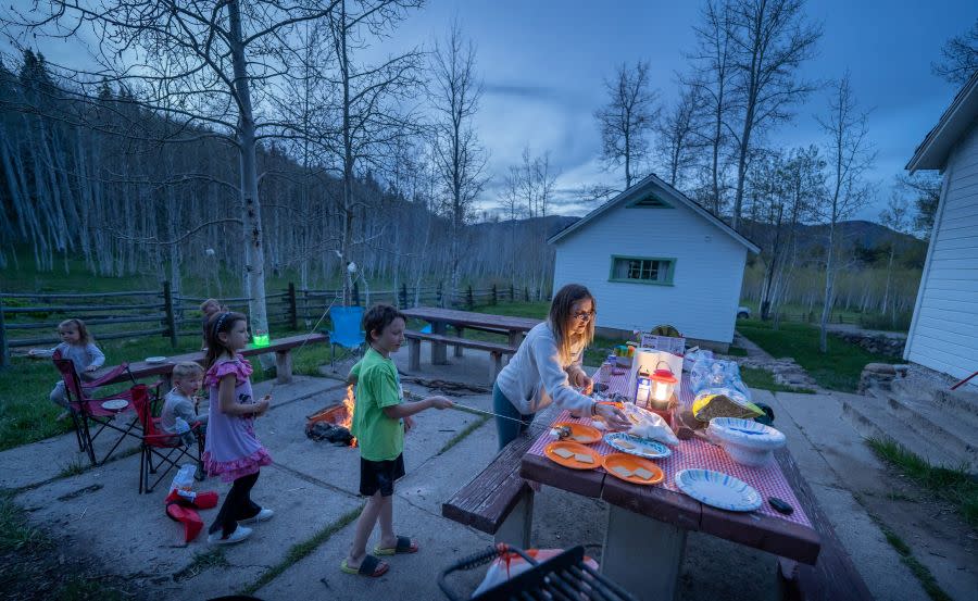 marshmallow roast at firepit behind Payson Lakes Guard Station