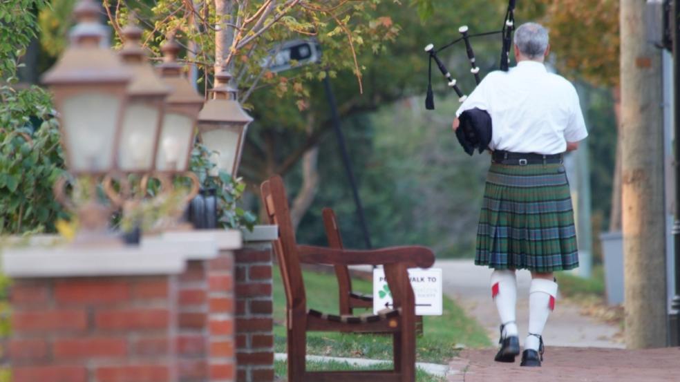 Bagpiper walking the streets of Historic Dublin, Ohio.