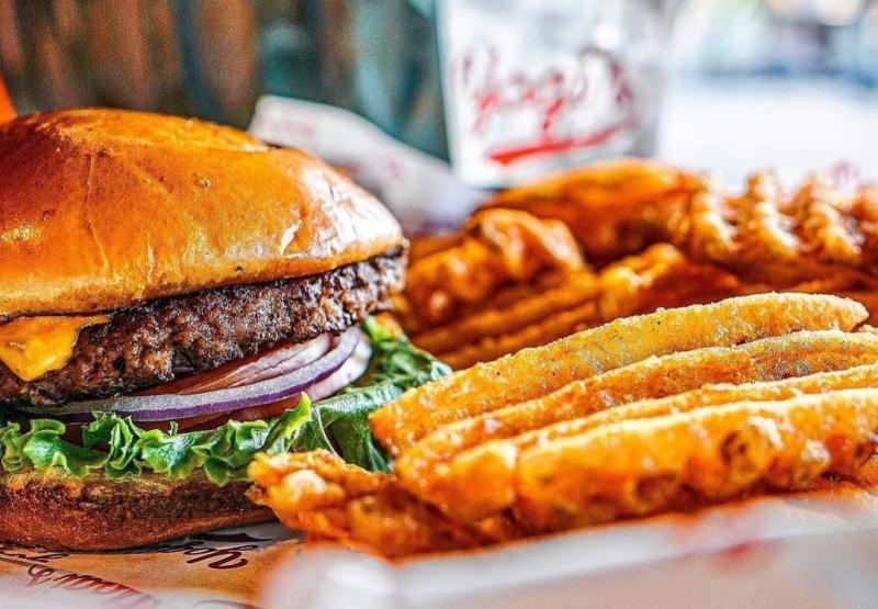 Burger and waffle fries from Yogi's Bar & Grill