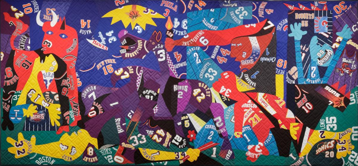 A paiting features different sports jerseys