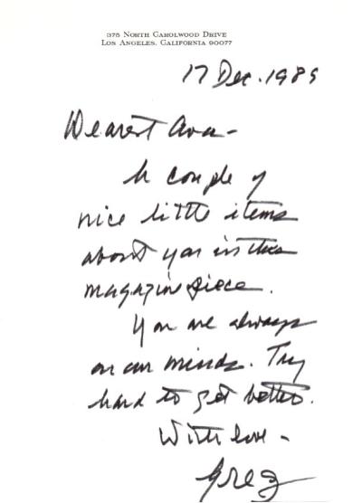 Letter from Gregory Peck to Ava Gardner