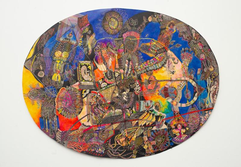 Colourful oval dish by Ann Churchill