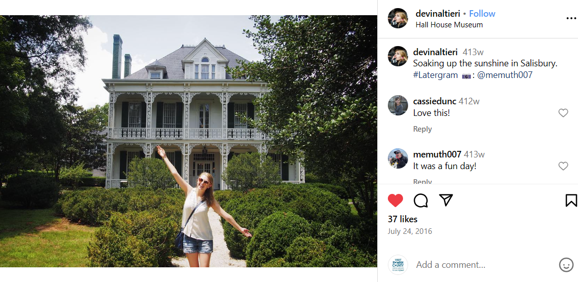 Girl in front of historic building