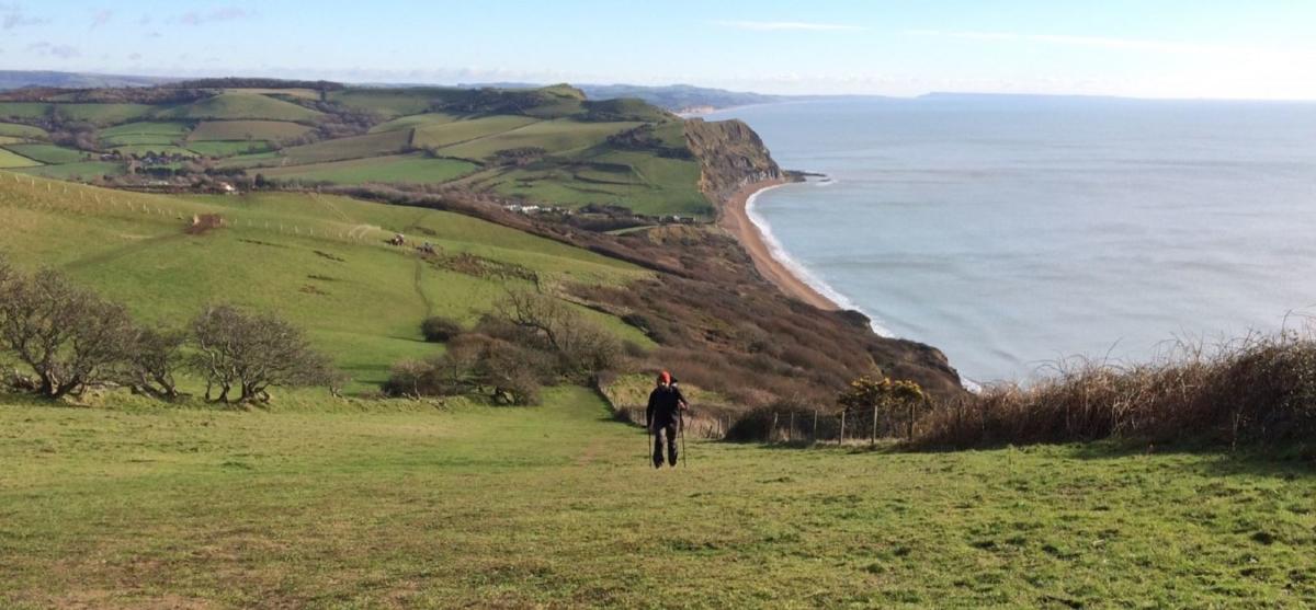 Martin Curtis of Jurassic Coast Guides walking the South West Coast Path near Seatown in Dorset