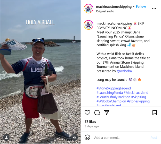 Instagram screenshot of Mackinac Island Tourism Bureau post announcing winner of 2025 Stoneskipping Contest