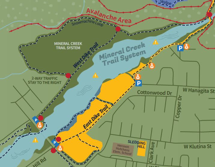 a trail map for a system of trails around a creek and small town