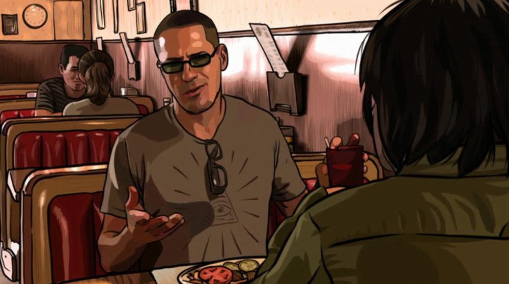 A Scanner Darkly screengrab showing Jim Barris wearing sunglasses and sitting at a booth inside a cafe, talking to Bob Arctor