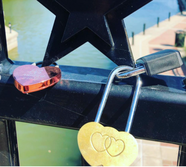 Heart-shaped locks on the Love-Lock Bridge in Irving, TX