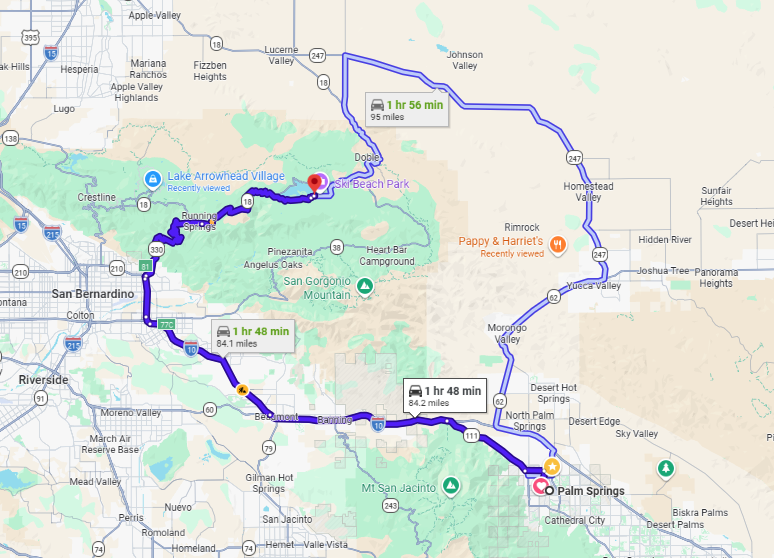 Palm Springs to Big Bear map
