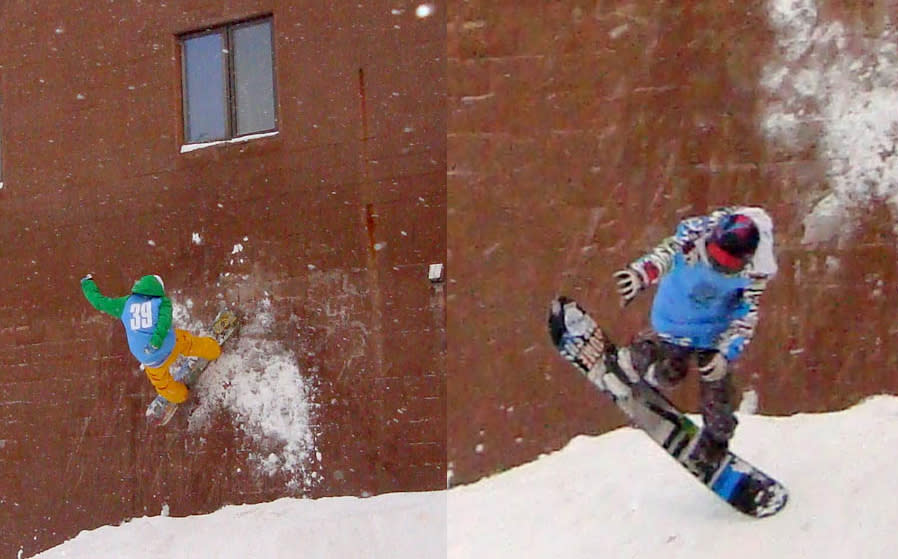 Snowboarder jumps off wall. Snowboarder performs a trick on snow.