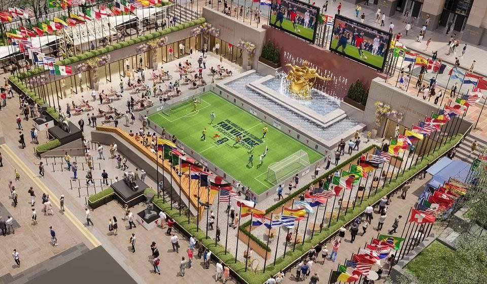 Concept rendering of a World Cup fan plaza with flags, screens, and public gathering spaces.