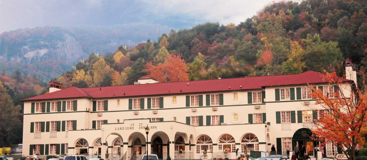 Lake Lure Inn with a colorful fall backdrop}