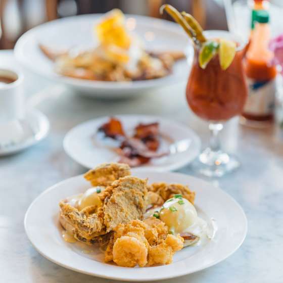 Bananas Foster French Toast and Breakfast Seafood Platter - Brunch at Stanley