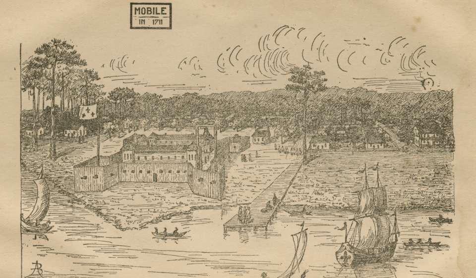 Illustration of Old Mobile ca. 1711 from Mobile of the Five Flags: The Story of the River Basin and Coast About Mobile from the Earliest Times to the Present