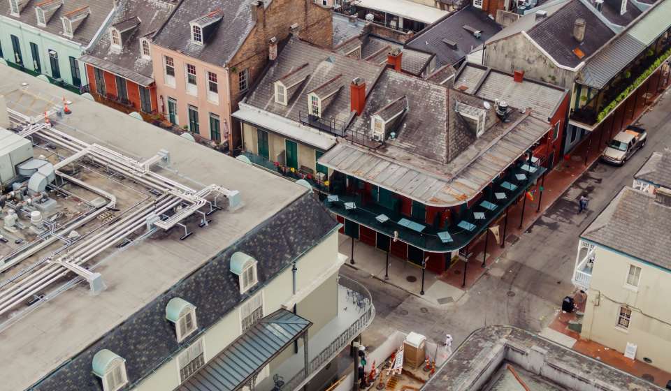 An aerial view of French Quarter archicture in New Orleans