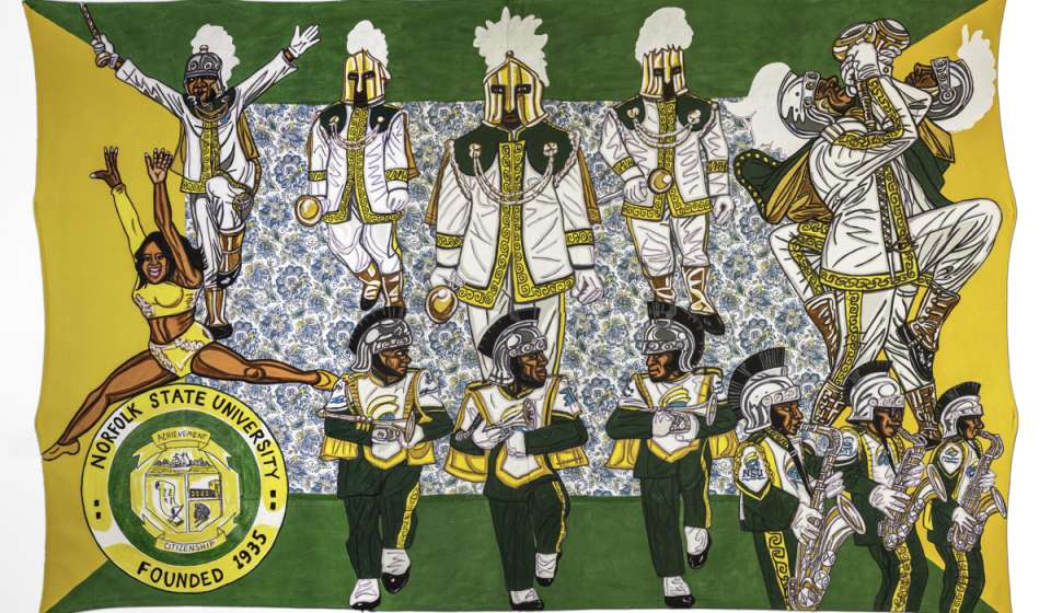 Keith Duncan, "Norfolk State University Marching Band," 2023, Acrylic, marker and fabric on unstretched canvas, 72 x 111.5 inches