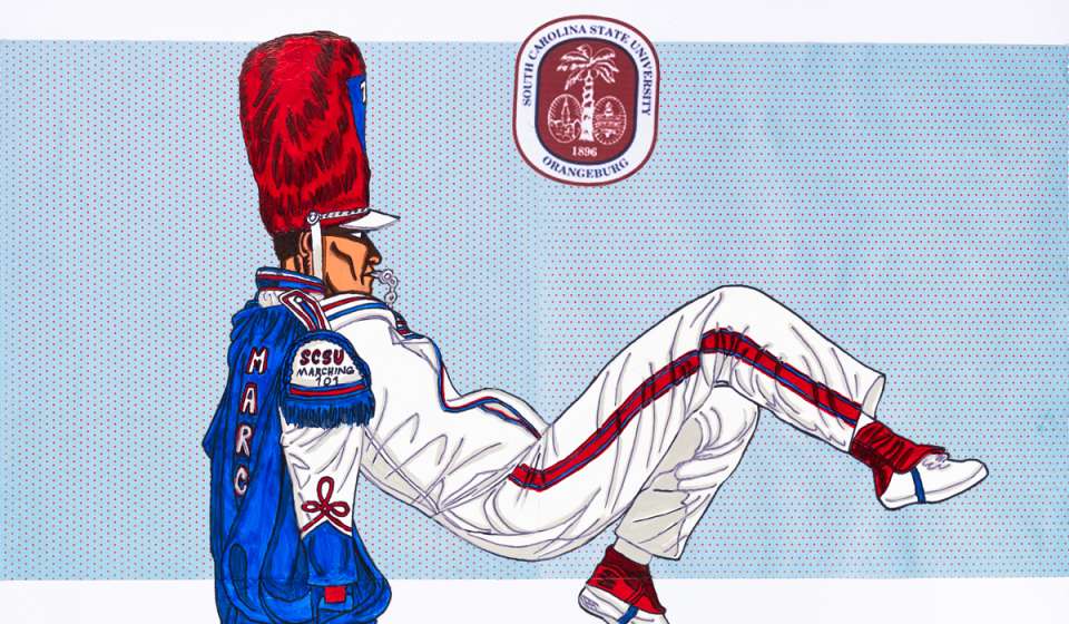 Keith Duncan, South Carolina State University Drum Major, 2023 – 2024, Acrylic, marker and patterned paper on paper, 18 x 24 inches