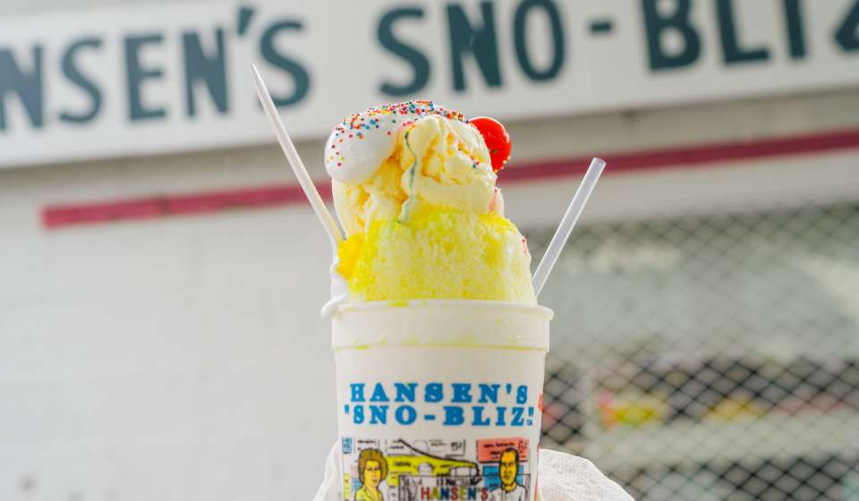 Cream of Ice Cream Snowball - Senior Atomic (with Vanilla Ice Cream on top instead of stuffed in middle) - Hansen's Sno-Bliz