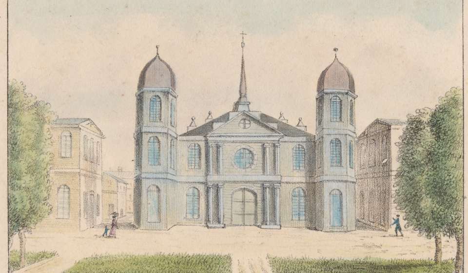 “Eglise de la Nouvelle Orléans,” ca. 1821, by Édouard de Montulé, depicts the Church of St. Louis, built after the fire of 1788.