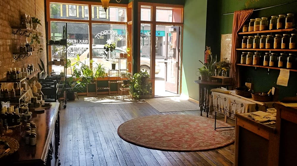 Inside view looking to the street of bloodroot herb shop