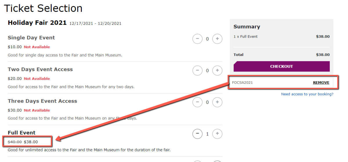 ticket selection example within EventsForce