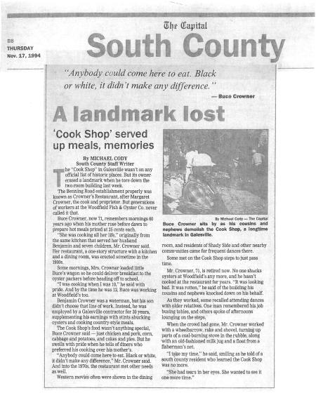 Capital Gazette clipping from the day the Cook Shop was demolished.