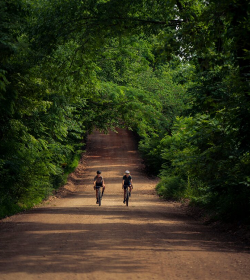 Two bikers riding in the middle of a dirt road surrounded by green trees