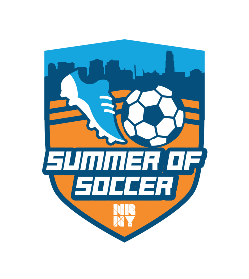 The logo of New Rochelle's Summer of Soccer. It is blue, orange and white and shows a blue sneaker kicking a soccer ball.