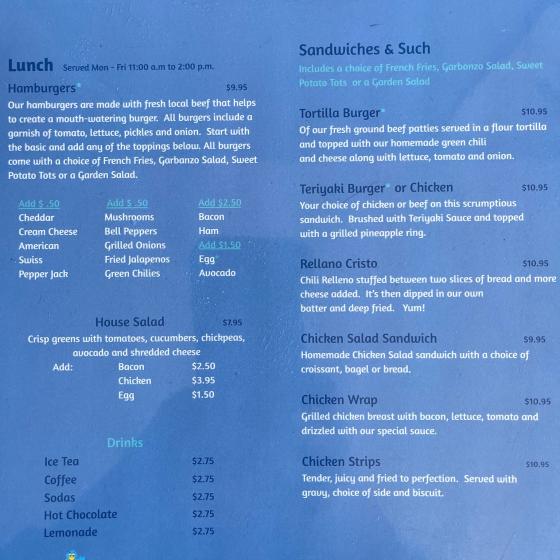 Blue Sky Lunch Menu