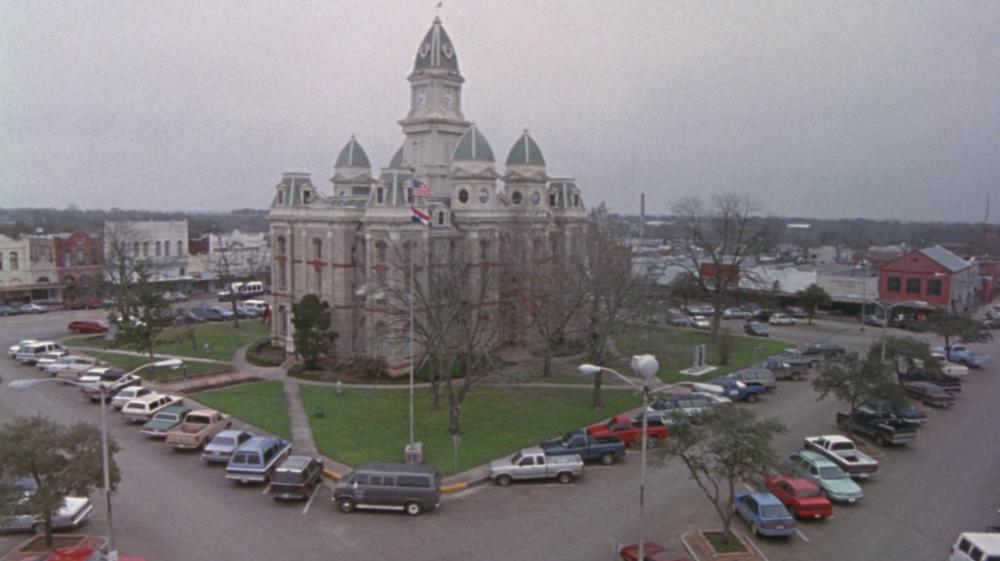 Waiting for Guffman screengrab, showing the Blaine City Hall/Caldwell County Courthouse in a small town square