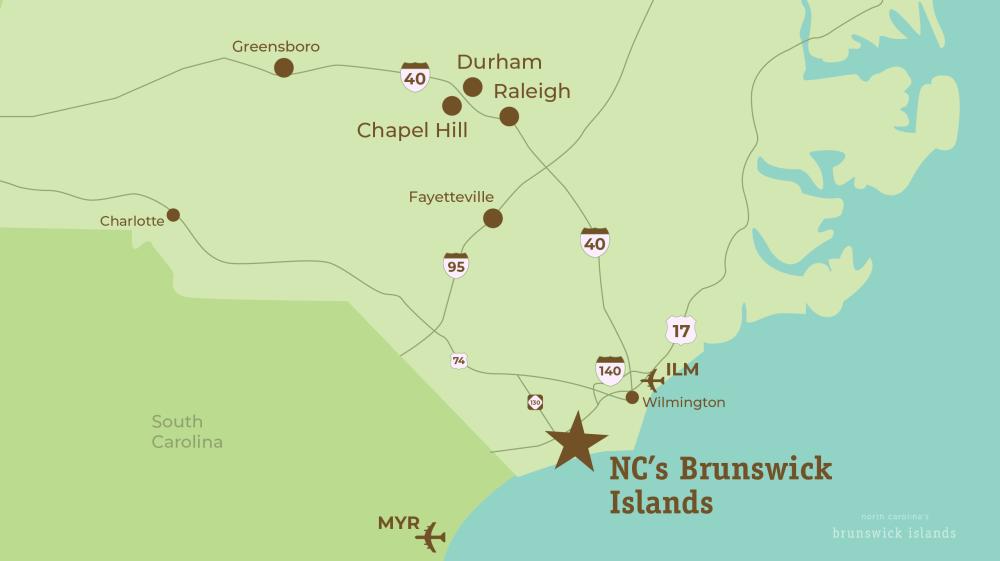 an illustrative map of roadways leading to the Brunswick Islands from the RDU area in North Carolina