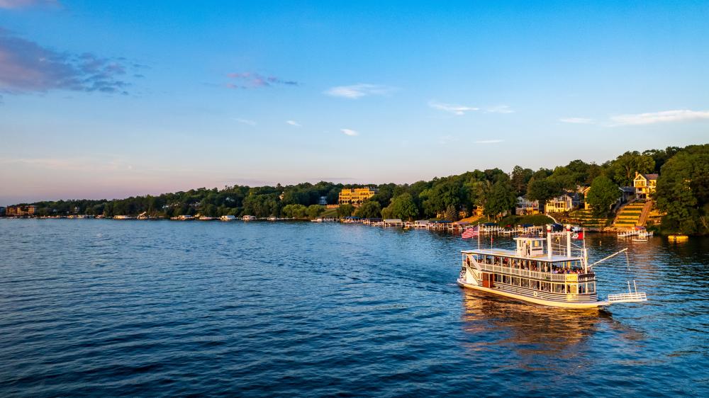 A historic steamboat cruising on Lake Geneva