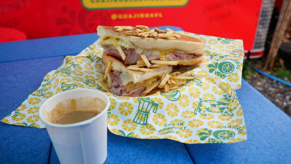 Picture of cubano coffee and cuban sandwich from Guajiro