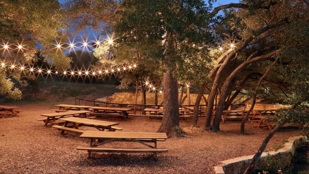 Photo of the outdoor Beer Garden at Live Oak Brewing at night. String lights twinkle from the trees above several empty wooden picnic tables
