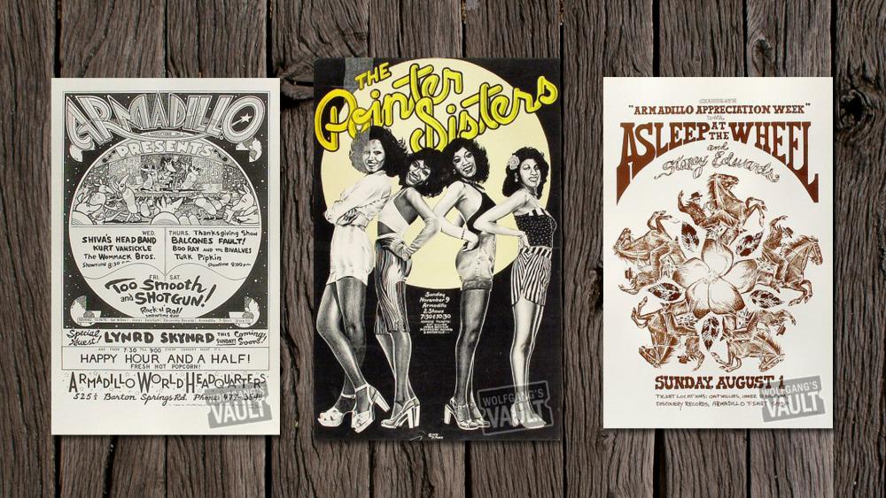 Armadillo World Headquarters Concert Posters for Lynard Skynard The Pointer Sisters and Asleep at The Wheel performances in Austin Texas