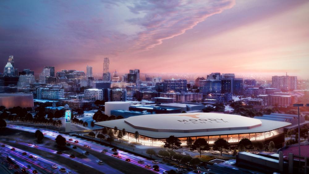 Rendering of Moody Center sitting in the middle of the downtown Austin skyline, next to I-35.