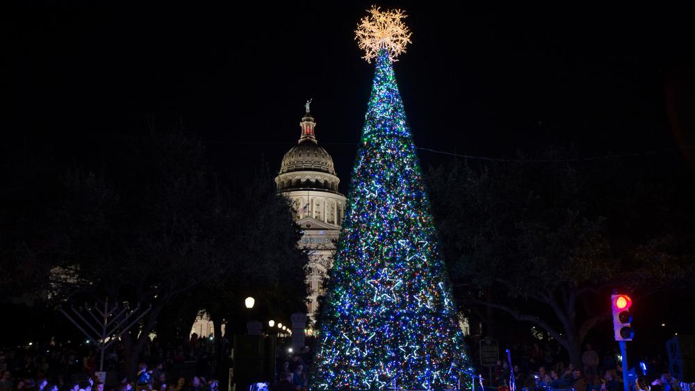 Christmas Tree in front of the State Capitol at the Downtown Holiday Stroll and Sing Along in Austin Texas
