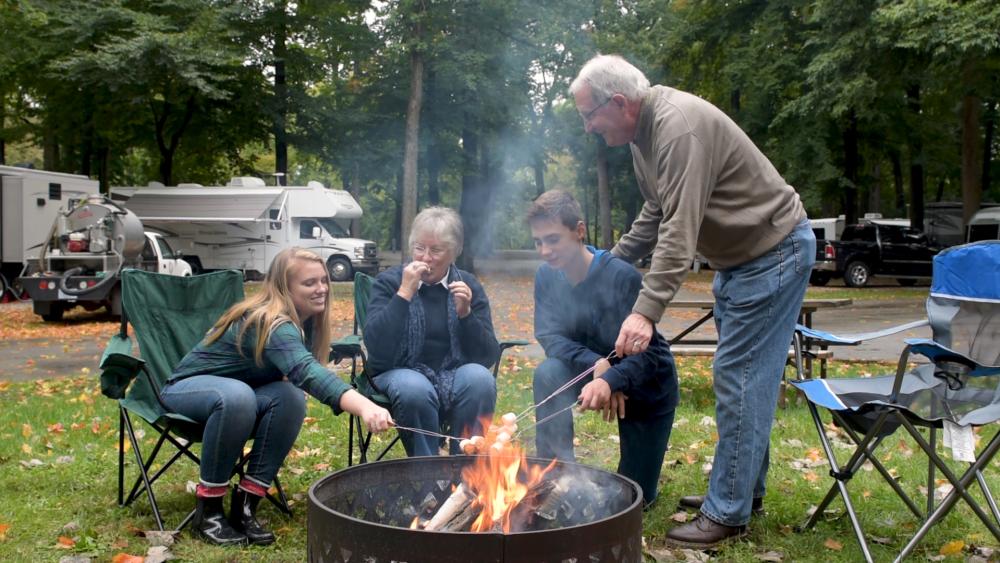 Family bonfire at Johnny Appleseed Park and Campground