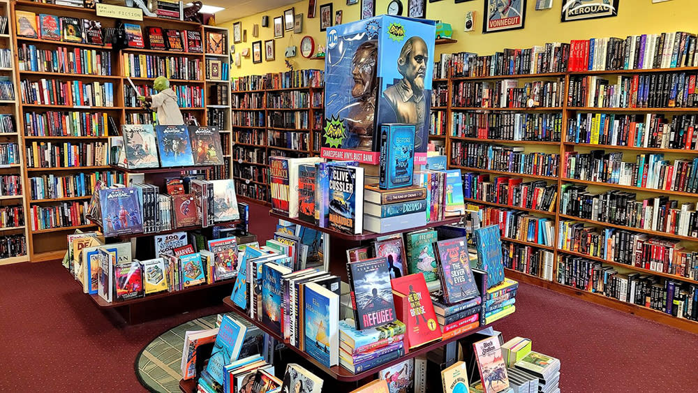 Pauper's Books book display from Good Vibes article located in Clayton, NC.