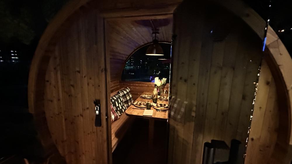 Image of outdoor dining in a Frosted Barrel at Magpies