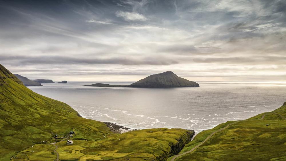 Faroe Island Streymoy Island Nordredal Panorama to Koltur Island
