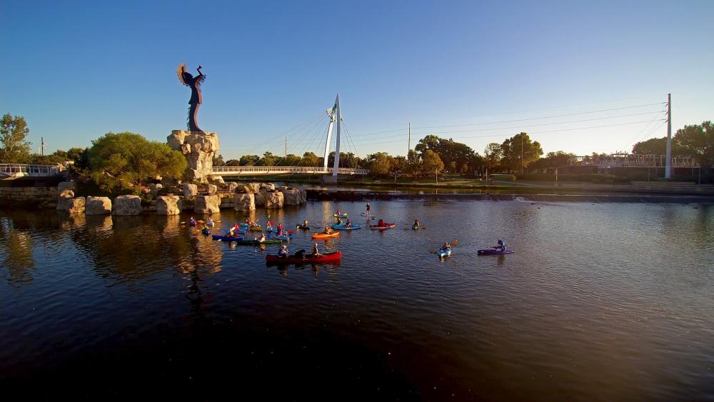 Kayaks on the Arkansas River Near the Keeper of the Plains in Wichita