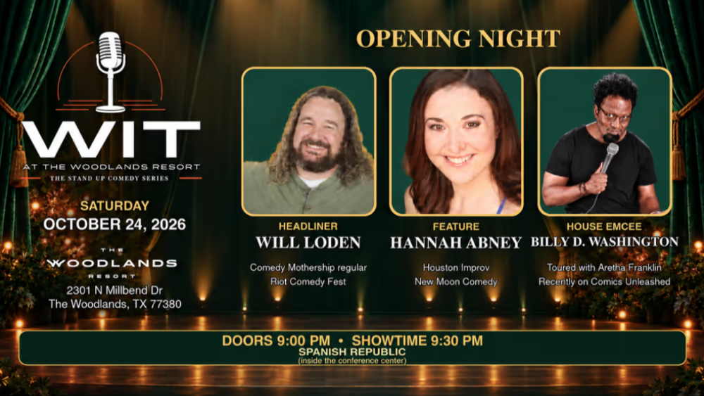 A flyer that reads, "WIT AT THE WOODLANDS RESORT | THE STAND UP COMEDY SERIES | A monthly comedy series featuring nationally recognized comedians and a rotating lineup each month. Scan to view upcoming shows and purchase tickets. THE WOODLANDS RESORT."